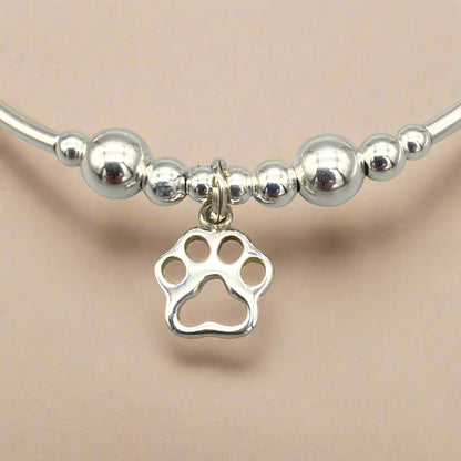 Closeup of Cat Paw Charm Women's Sterling Silver Stacking Bracelet by My Silver Wish