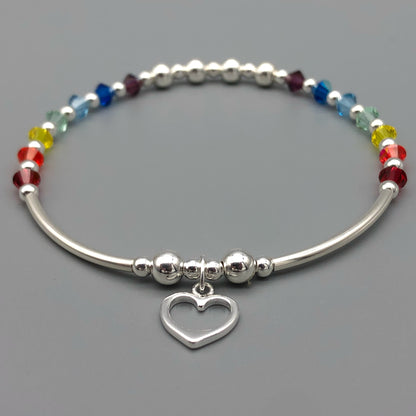 Heart Charm Rainbow Crystals Sterling Silver Women's Stacking Bracelet by My Silver Wish