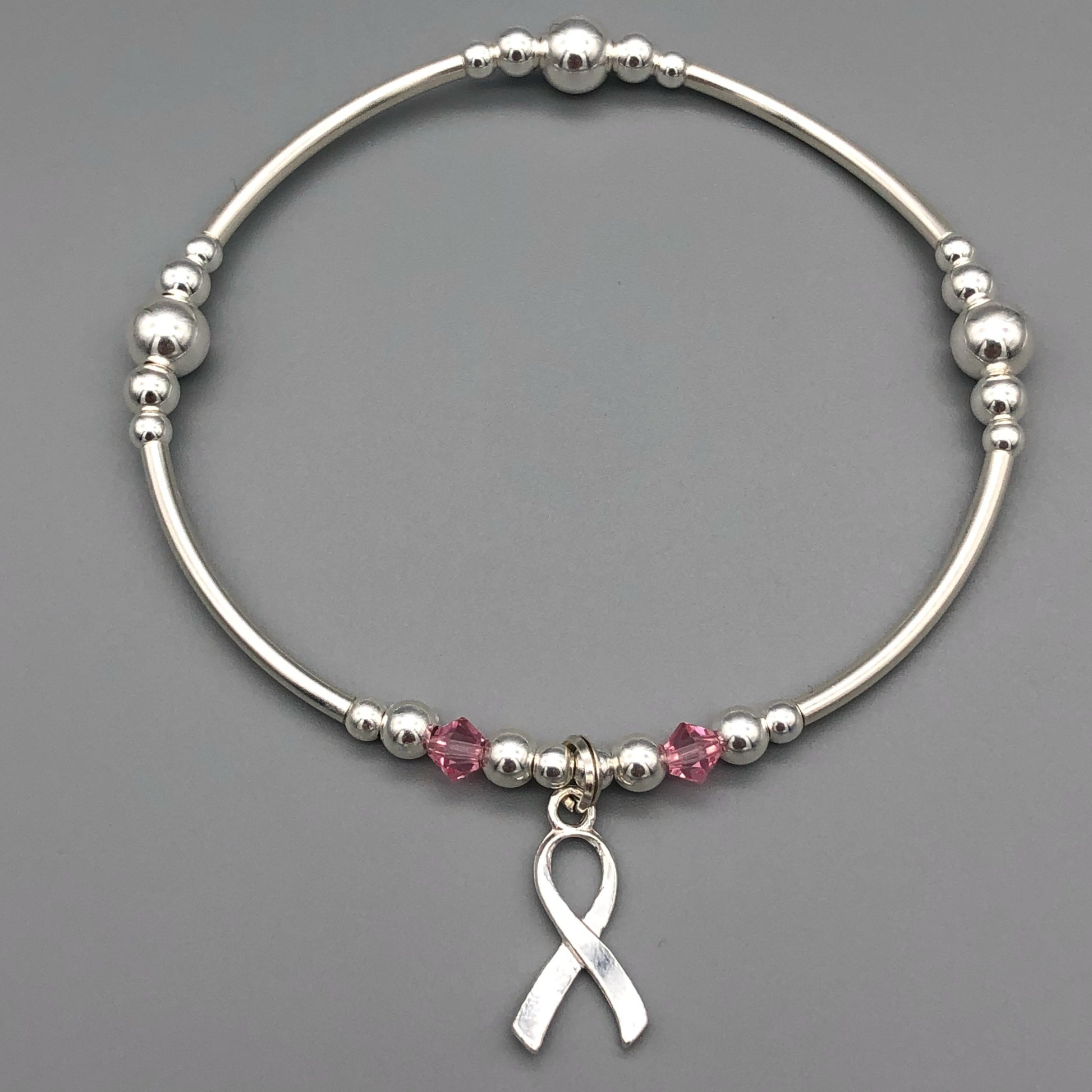Breast Cancer Awareness Ribbon charm sterling silver women's stacking bracelet by My Silver Wish