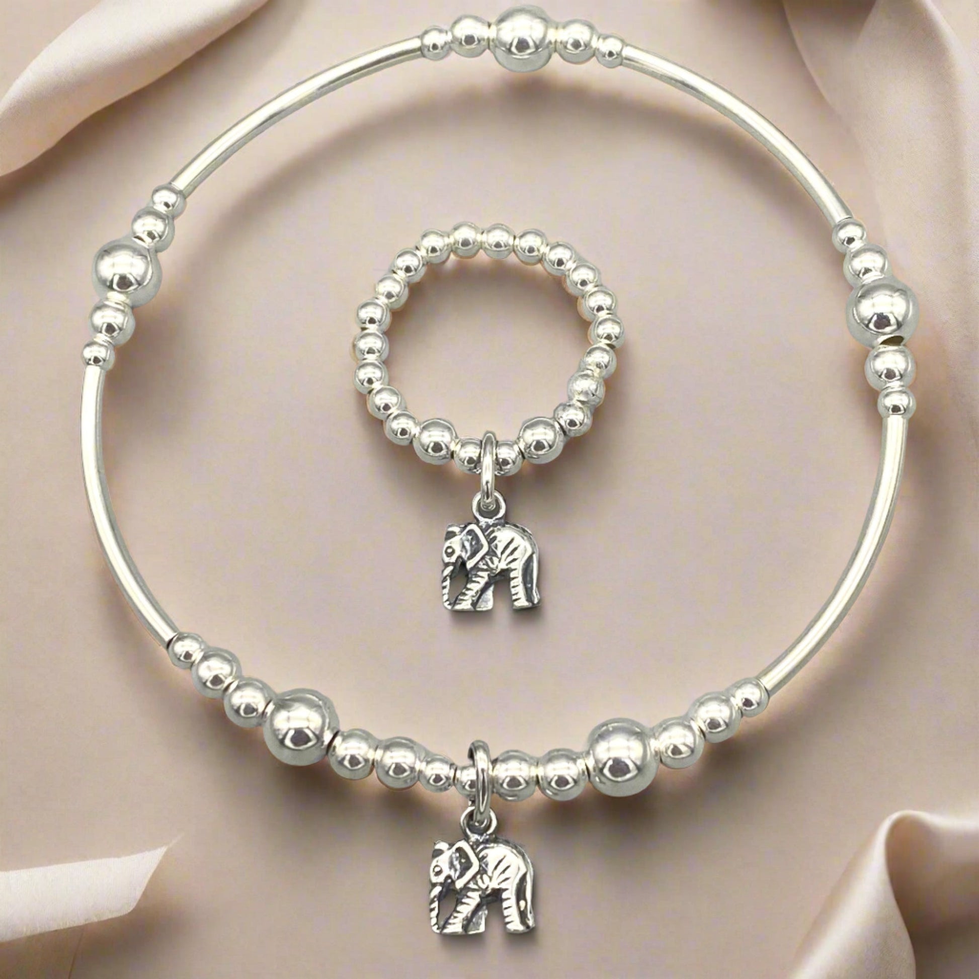 Elephant charm sterling silver women's stacking bracelet & stack ring set by My Silver Wish