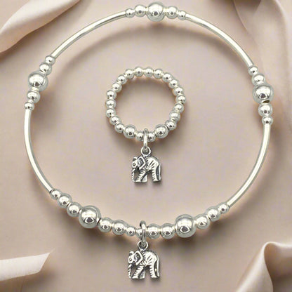 Elephant charm sterling silver women's stacking bracelet & stack ring set by My Silver Wish