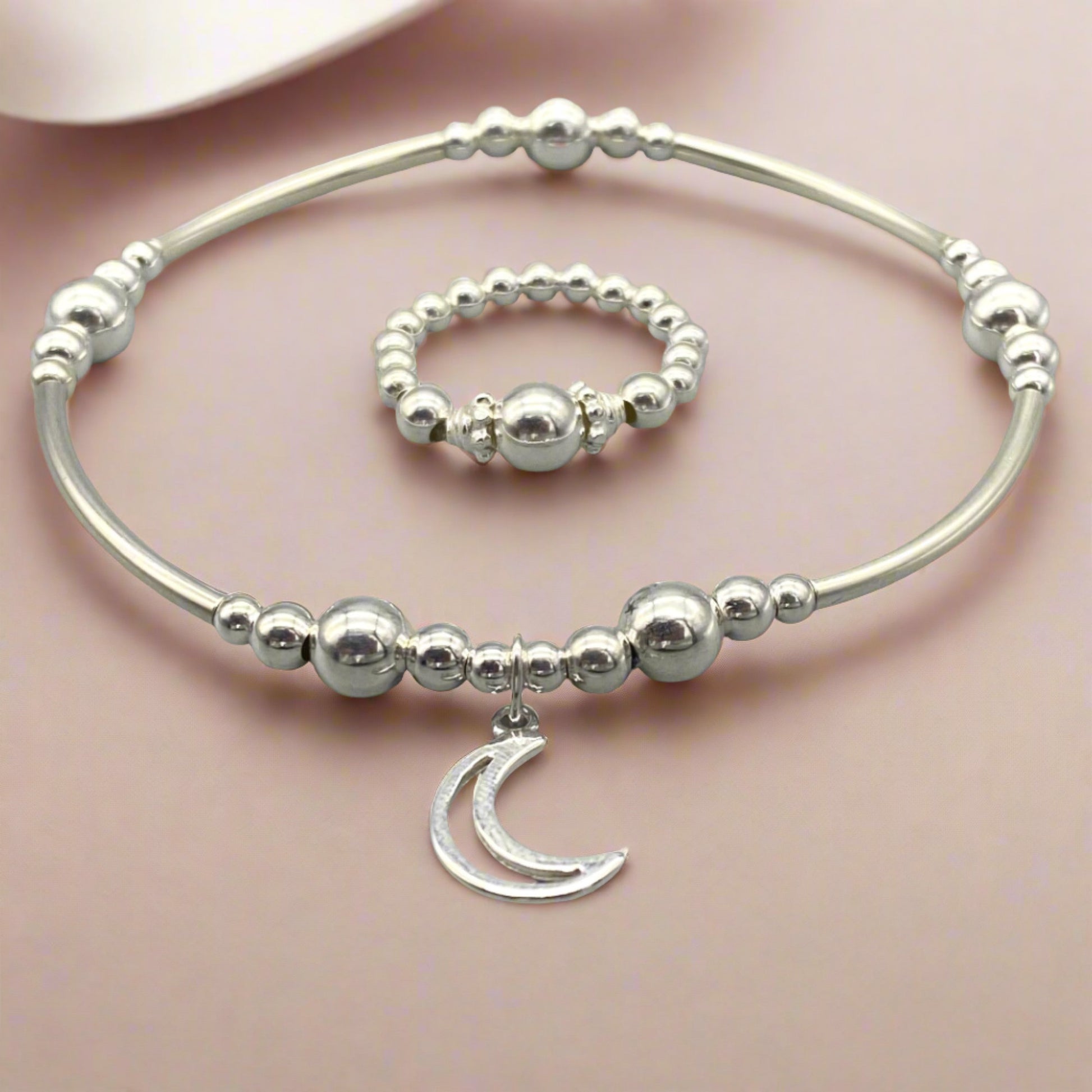 Moon charm sterling silver stacking bracelet & ring jewellery set for her by My Silver Wish