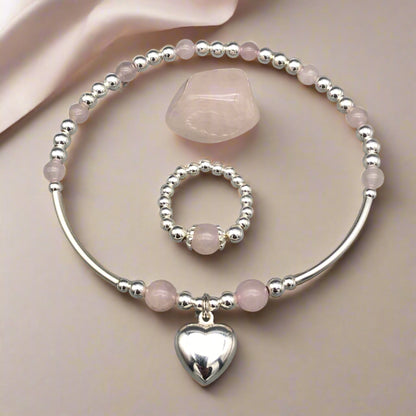 Heart charm sterling silver and rose quartz women's stacking bracelet & ring set by My Silver Wish