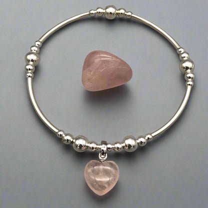 Rose quartz solid heart charm sterling silver hand-made women's stacking bracelet