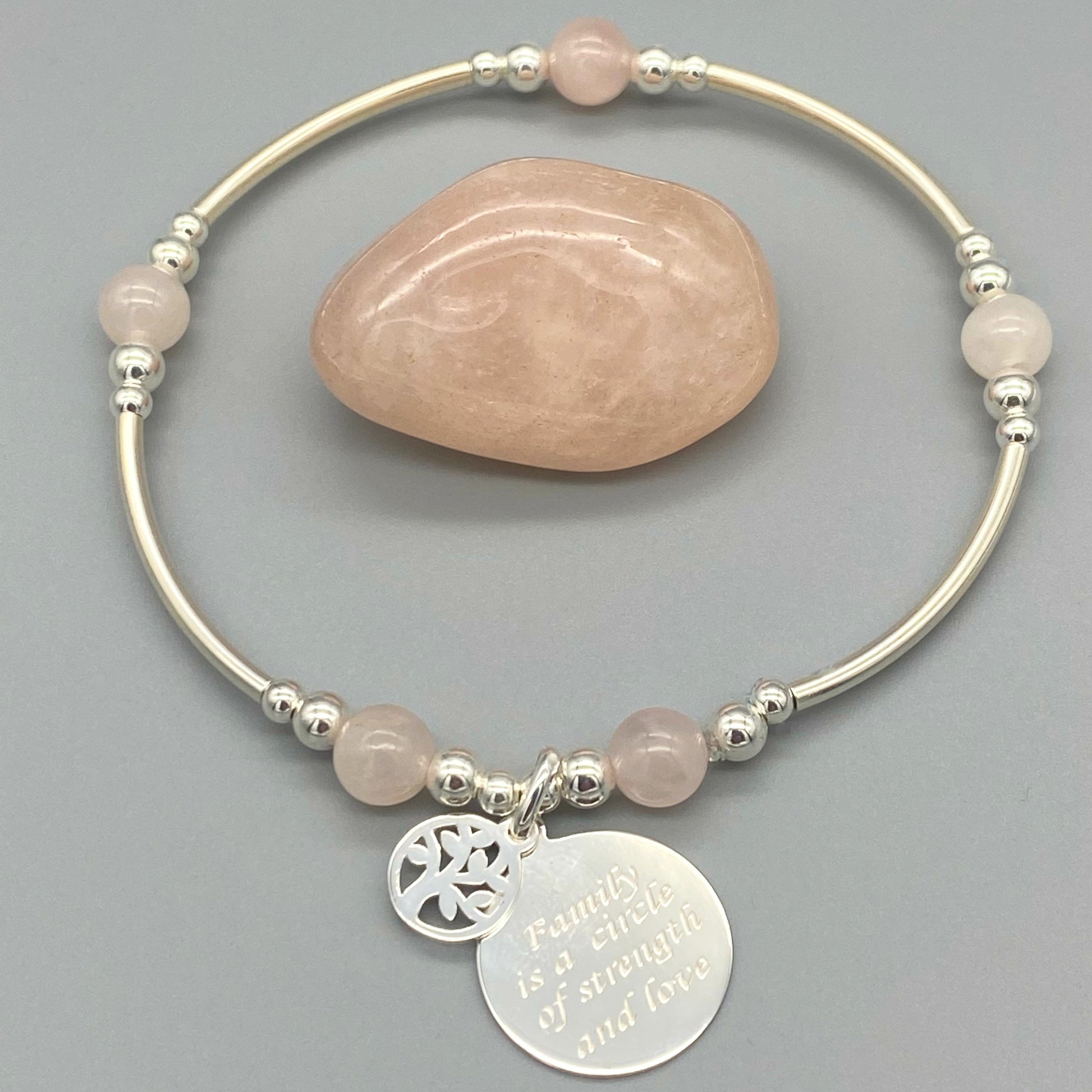 "Family is a circle of strength & love" charm rose quartz women's sterling silver stacking bracelet by My Silver Wish
