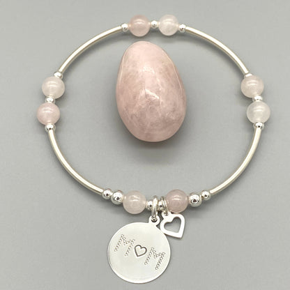 "Mother's Love is Like No Other" heart charm silver rose quartz women's stacking bracelet by My Silver Wish