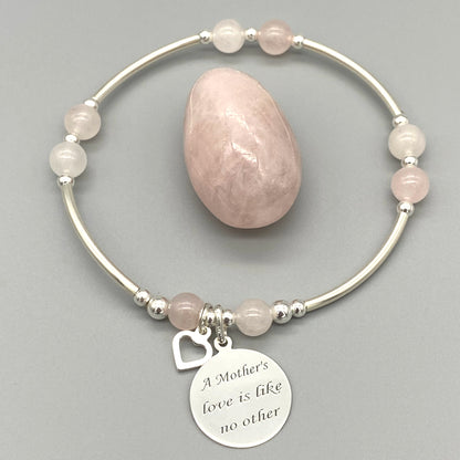 "Mother's Love is Like No Other" heart charm silver rose quartz women's stacking bracelet by My Silver Wish