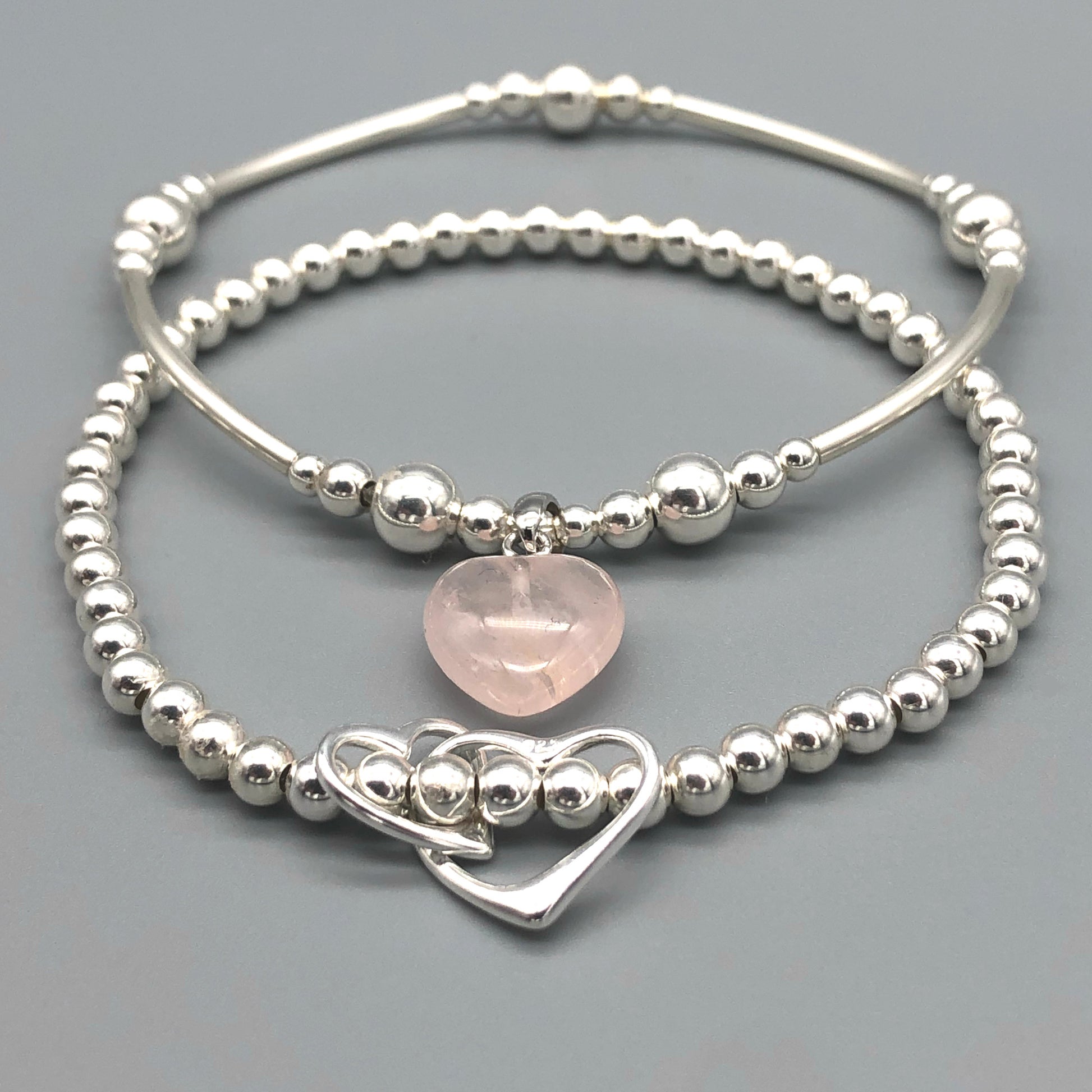 Rose quartz heart & sterling silver twin heart charms women's stacking bracelet set by My Silver Wish