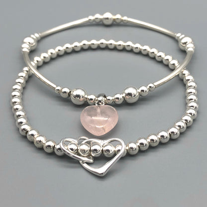 Rose quartz heart & sterling silver twin heart charms women's stacking bracelet set by My Silver Wish