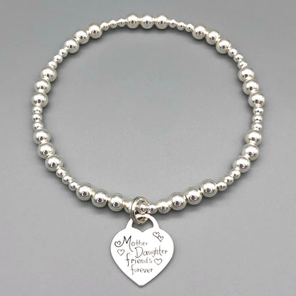 "Mother & Daughter Friends Forever" heart charm silver women's stacking bracelet by My Silver Wish