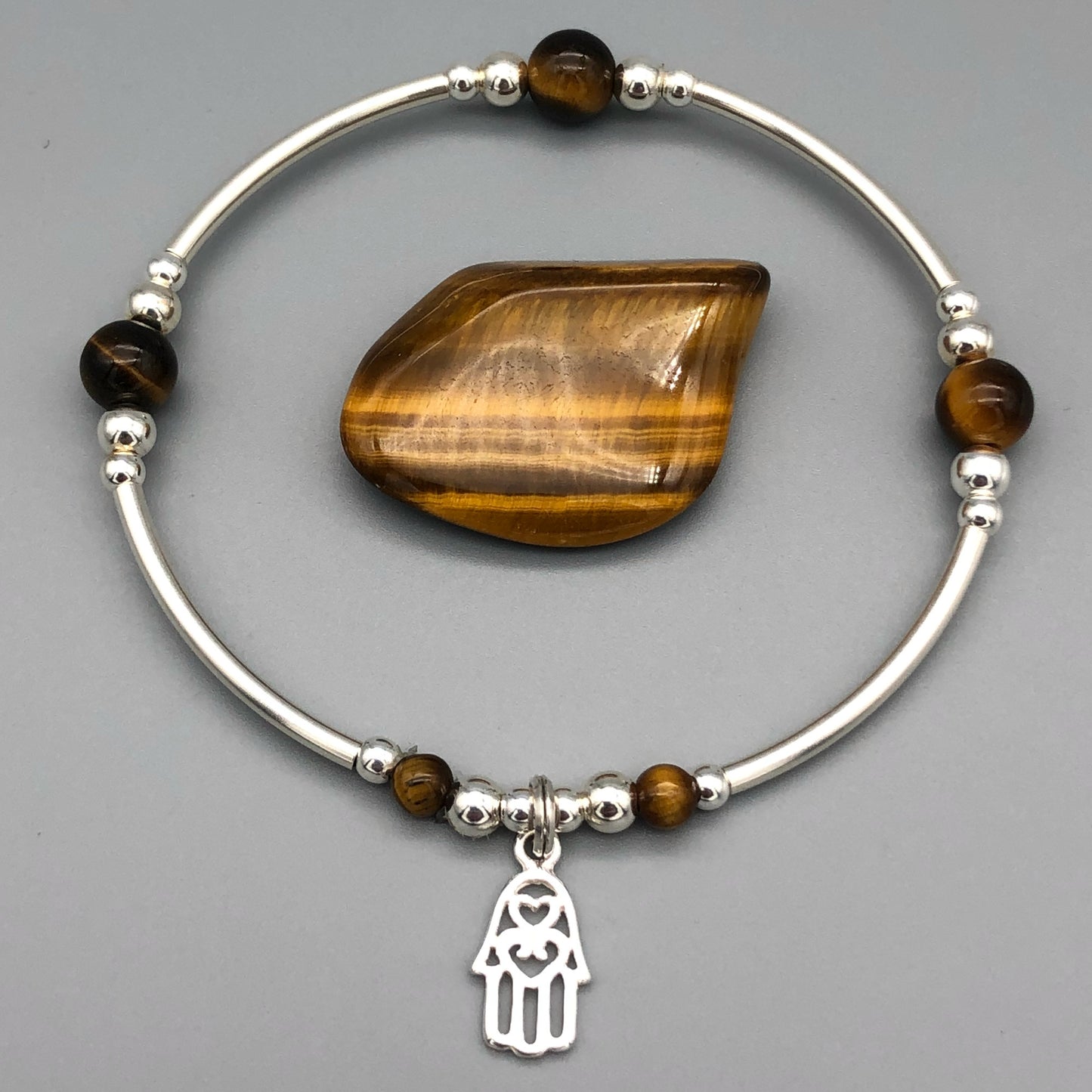 Hamsa Hand Charm Tigers Eye Beads Sterling Silver Women's Stacking Bracelet by My Silver Wish