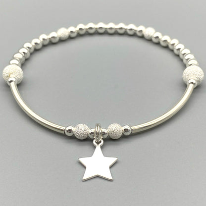 Star charm & starburst beads sterling silver stacking bracelet for her by My Silver Wish
