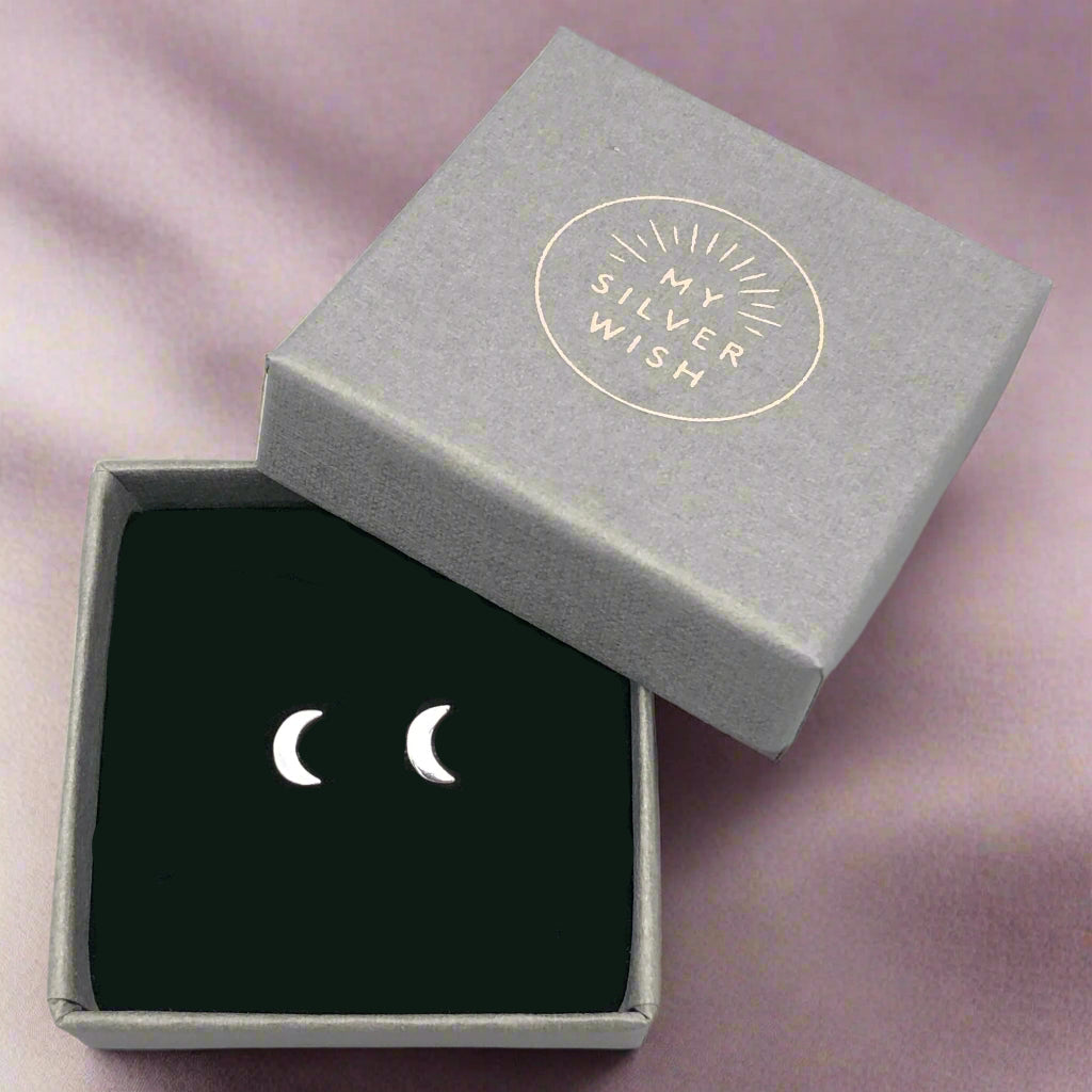Crescent Moon Sterling Silver Stud Earrings by My Silver Wish