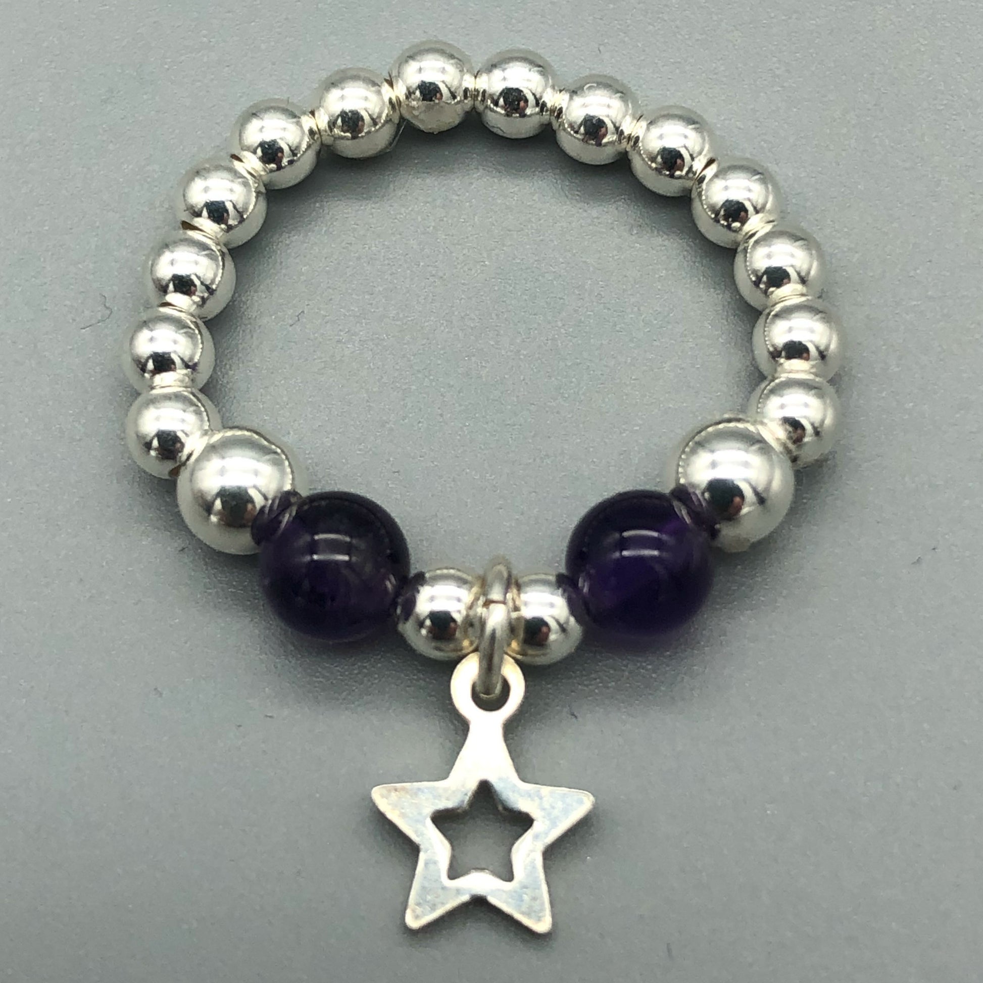 Star charm amethyst sterling silver charm women's bead stacking ring by My Silver Wish