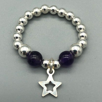 Star charm amethyst sterling silver charm women's bead stacking ring by My Silver Wish