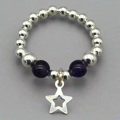 Star charm amethyst sterling silver beads girl's stacking ring by My Silver Wish