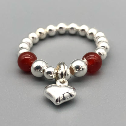 Heart charm sterling silver & carnelian bead stacking charm ring for girls and ladies by My Silver Wish