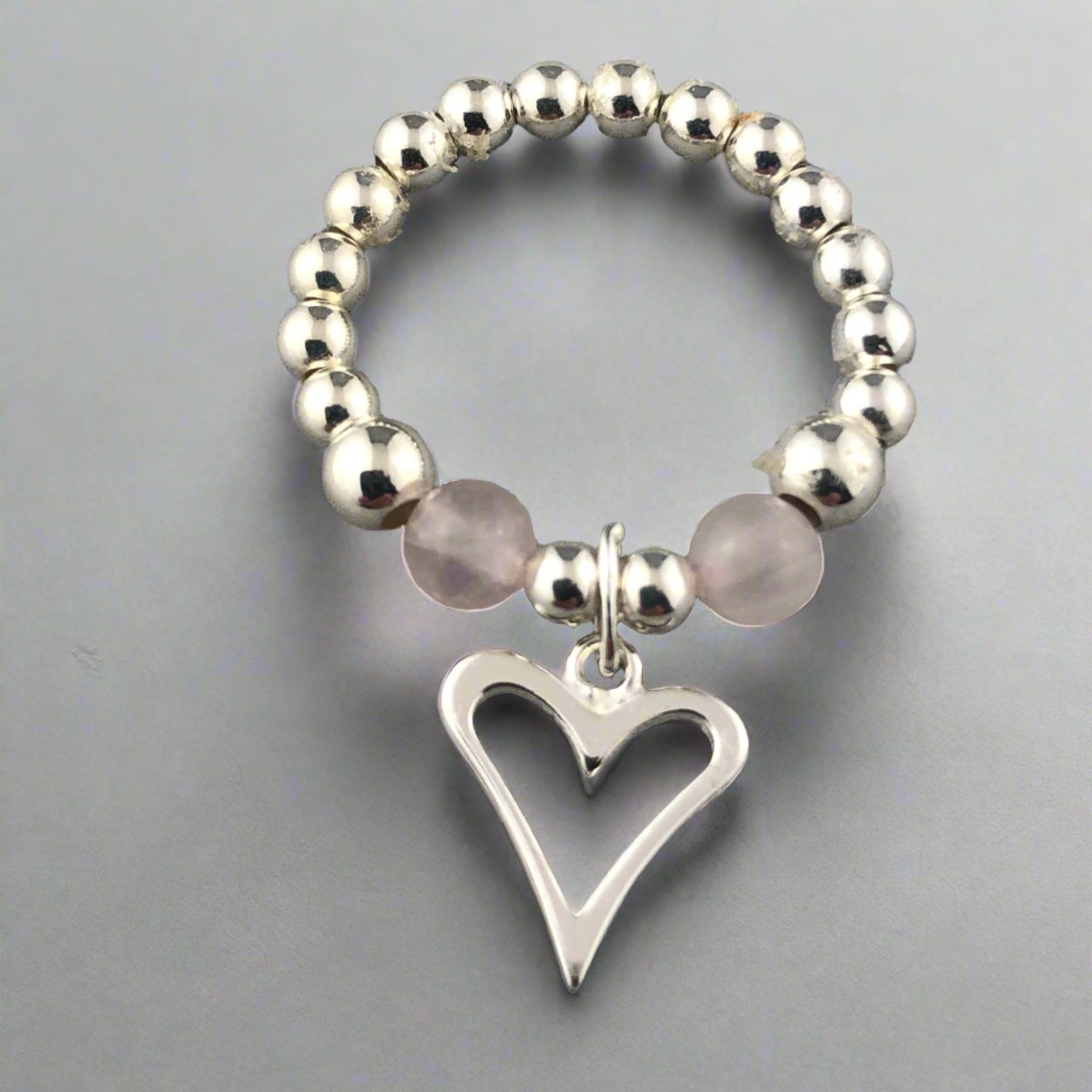 Open heart rose quartz & sterling silver bead women's stacking charm ring by My Silver Wish
