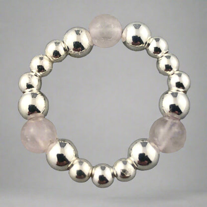 Rose quartz & sterling silver women's bead stacking charm ring by My Silver Wish